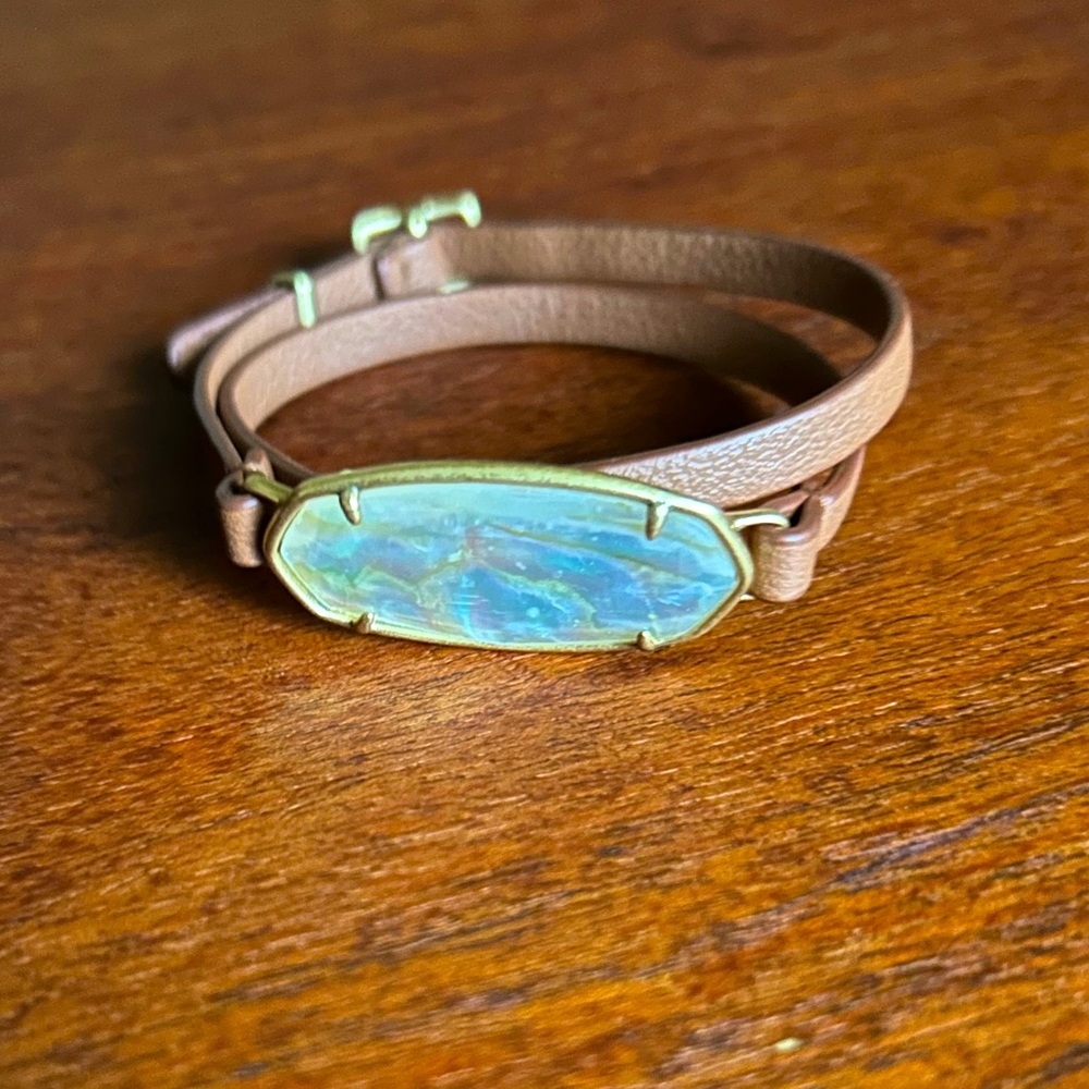 Kendra Scott brown leather wrap bracelet with Iridescent Stone
